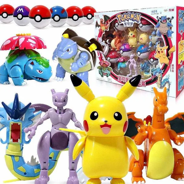 Pkm.store Pokemon Figuren-Pokemon Pokeball Set Mit Figur (Pikachu, Glurak, Bisaflor, Turtok, Garados)